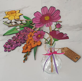 Handpainted Wooden Larkspur Birth Flower July In Vase, 4 of 10