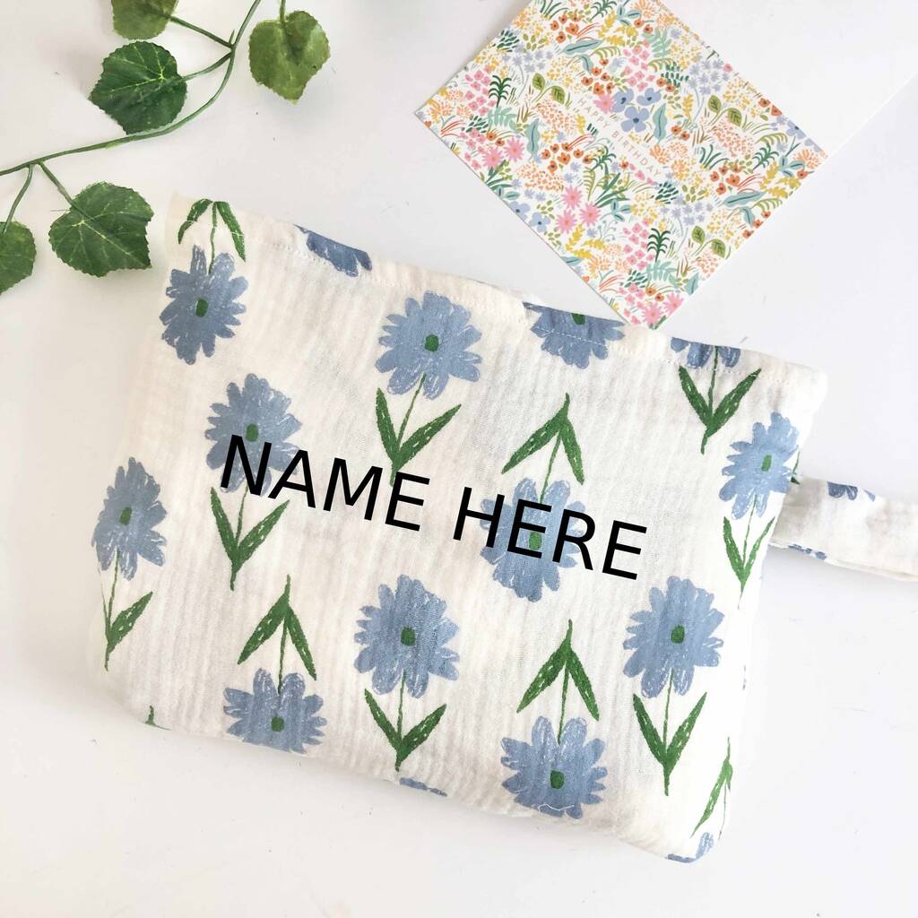 Personalised Baby Blankets, Blue Floral Muslin Blanket By Mustard Monday