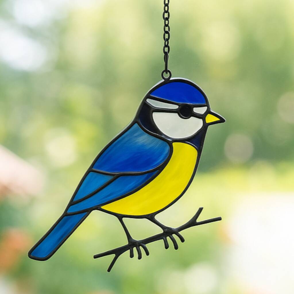 Blue Tit Stained Glass Window Hanging Handmade Bird