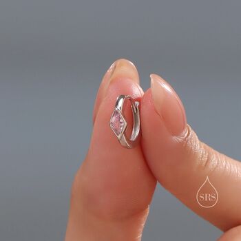 Tiny Rhombus Tourmaline Pink Cz Huggie Hoop In Sterling Silver, 3 of 12