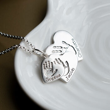 Triple Stacked Hand And Footprint Silver Heart Necklace, 2 of 7