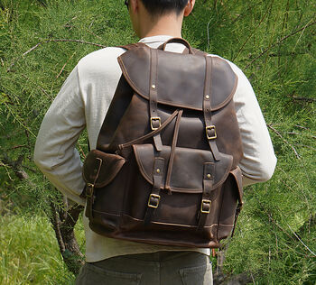 Military Style Genuine Leather Backpack In Worn Brown, 2 of 12