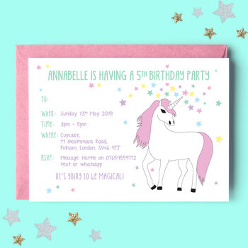 Unicorn Personalised Birthday Party Invitations, 2 of 3