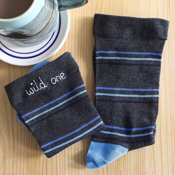 Mens Eco Bamboo Striped Blue Embroidered Socks Gift Box, 4 of 5