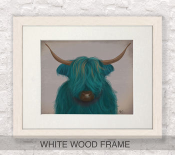 Highland Cow In Turquoise, Art Print Framed Or Unframed, 6 of 9