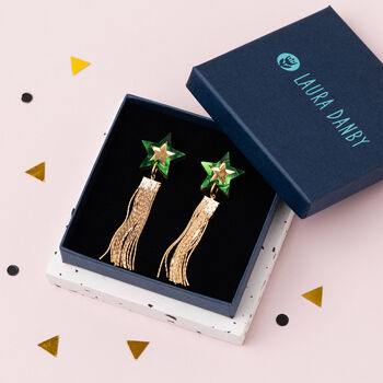 Shooting Star Statement Earrings, Celestial Acrylic Gold Tassel Jewellery, 2 of 5