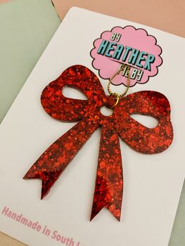 Red Ribbon Bow Glitter Christmas Tree Decoration / Sparkly Christmas Gift For Her, 2 of 5