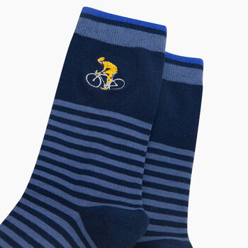 Embroidered Cyclist Striped Combed Cotton Socks In Blue, 2 of 4
