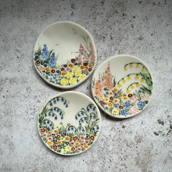 Hollyhocks Handmade Hand Painted Porcelain Trinket Dish, 3 of 3