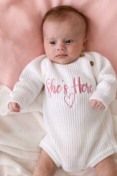 She's Here Embroidered New Baby Long Sleeve Knitted Romper, 3 of 12