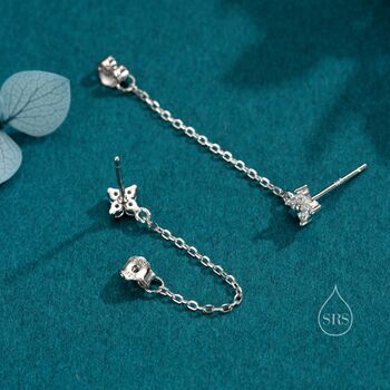 Sterling Silver Hydrangea Cz Chain Earrings In Sterling Silver, 5 of 12