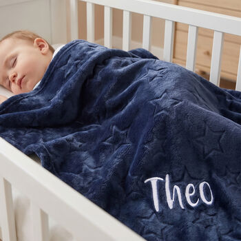 Personalised Navy Embossed Stars Baby Blanket, 2 of 9