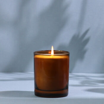 Handmade Lavender Bergamot Amber Glass Candle, 2 of 4