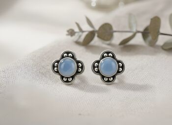Handmade Oxidised Silver Clover Stud Earrings With Blue Chalcedony, 3 of 3