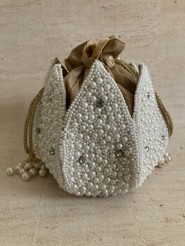 White Handcrafted Pearl Embellished Potli Wrist Bag, 5 of 5