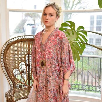 Bohemian Paisley Viscose Kaftan In Pink With Heavy Pink Ombre Fishbone Embroidery, 3 of 5