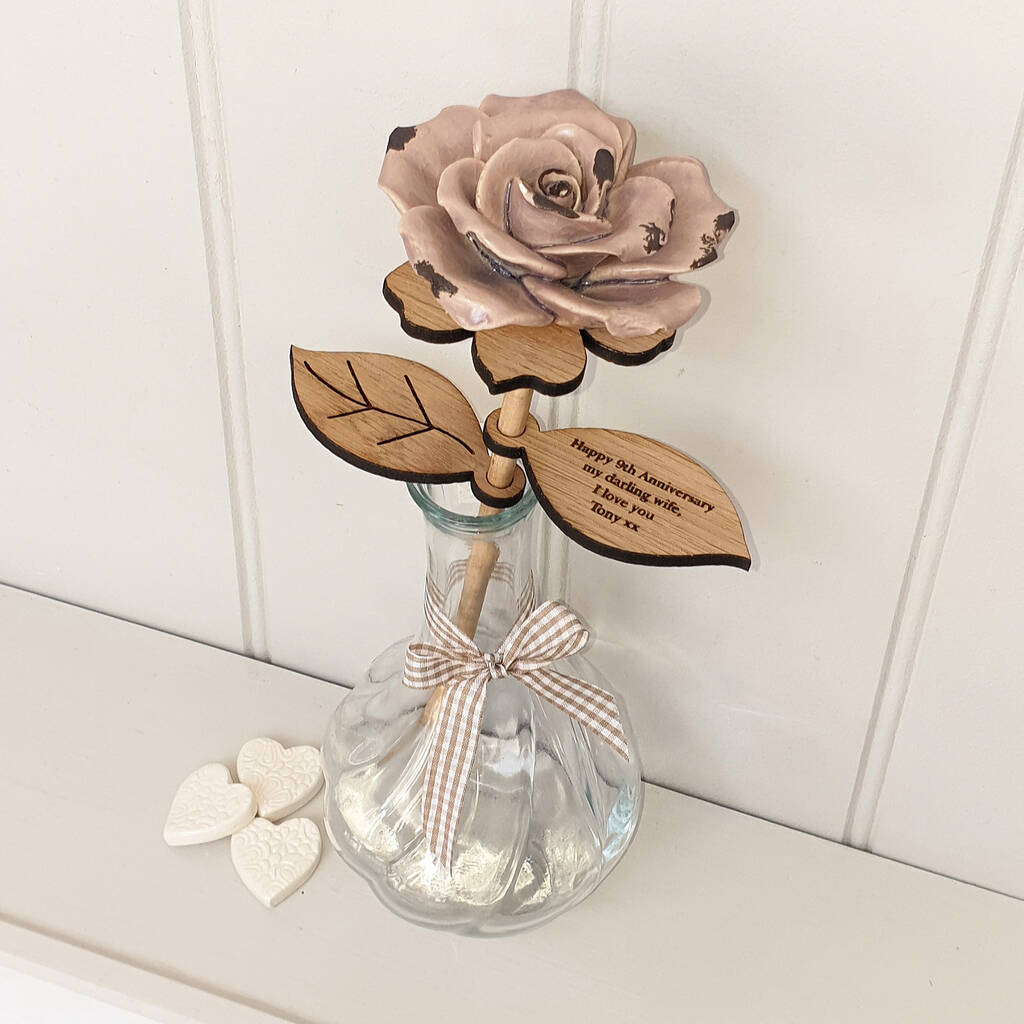 Anniversary Birthday Pottery Personalised Rose In Vase By Little