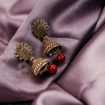 Small Maroon Intricate Floral Colourful Boho Jhumkis, 7 of 10