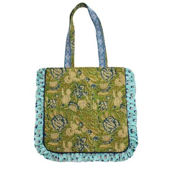 Block Printed Green And Aqua Blue Quilted Ruffle Tote Bag, 4 of 4