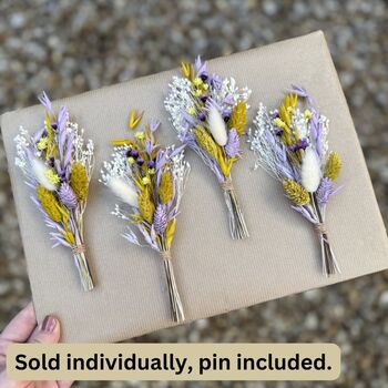 Lilac And Yellow Dried Flower Buttonhole, 2 of 2