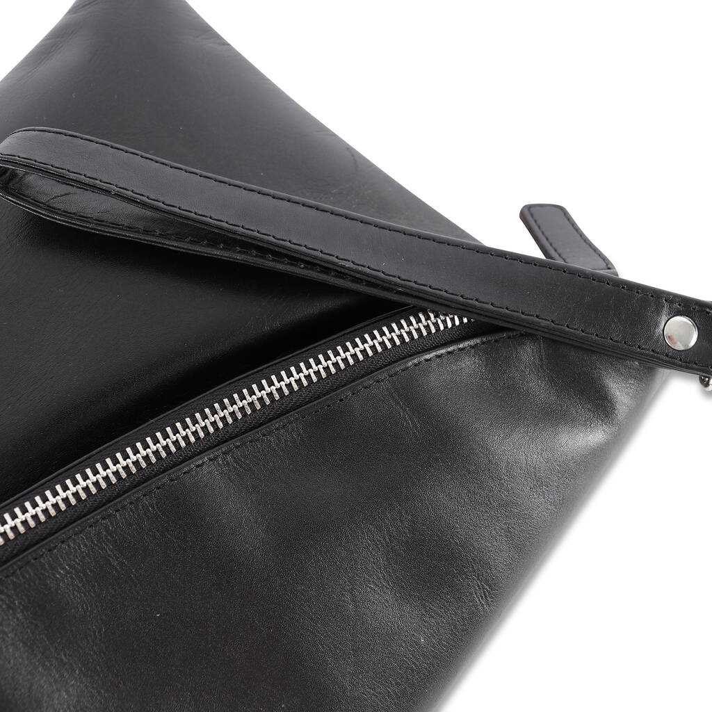 black leather clutch bag with wrist strap