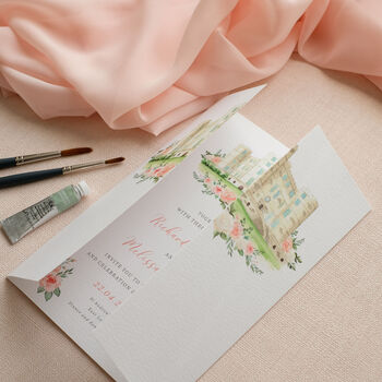 Pink Folded Venue Illustration Wedding Invitation, 3 of 9
