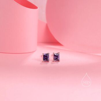 Emerald Cut Amethyst Purple Cz Stud Earrings, 4 of 11