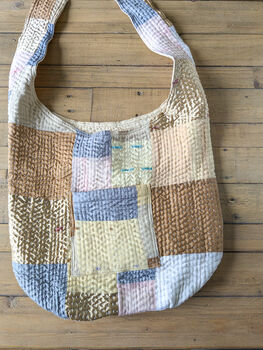 Quilted Kantha Stitched Silk Sari Crossbody Purse: Fair Trade Patchwork Weekender Carryall Bag, 2 of 7