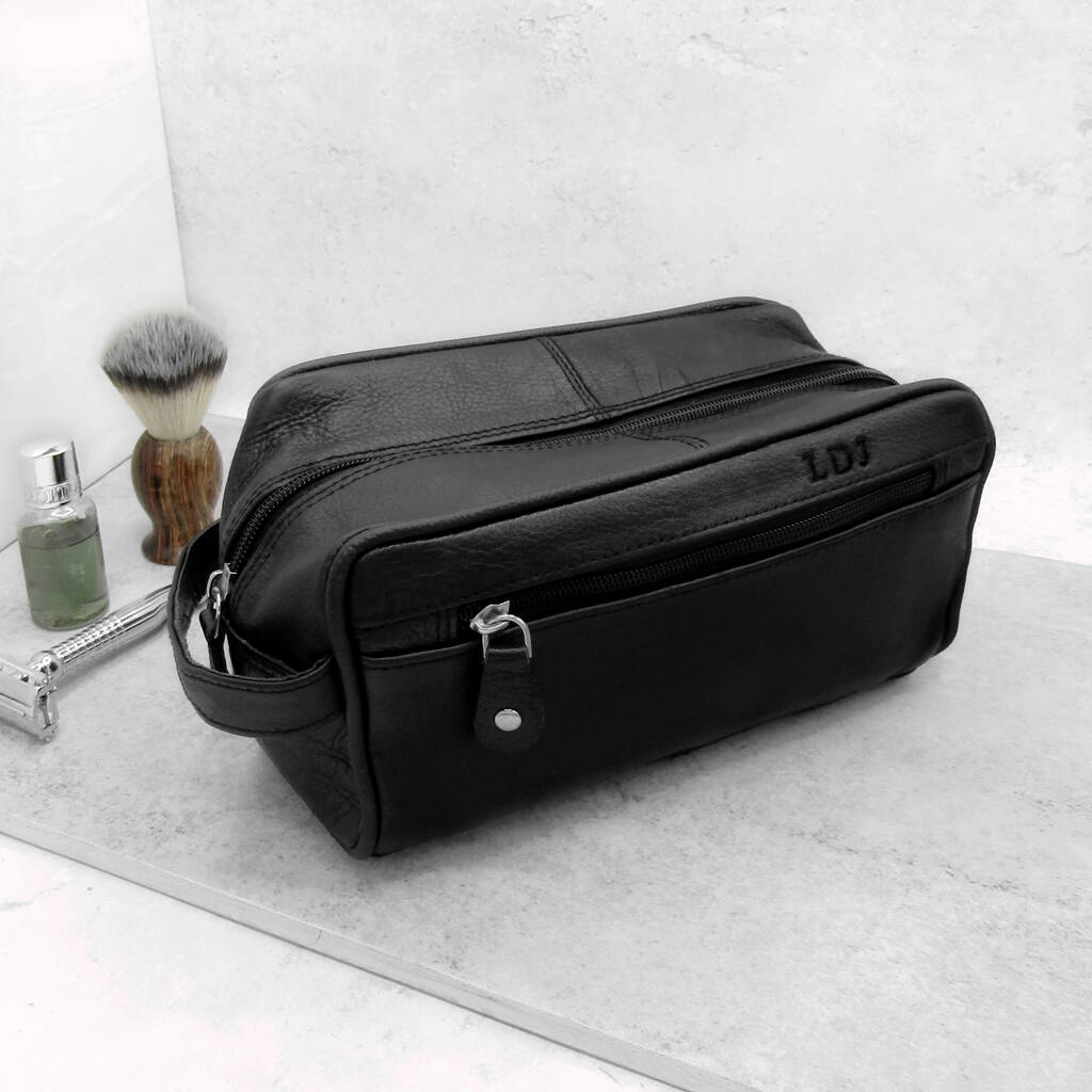Personalised Men's Black Leather Travel Wash Bag, 1 of 3