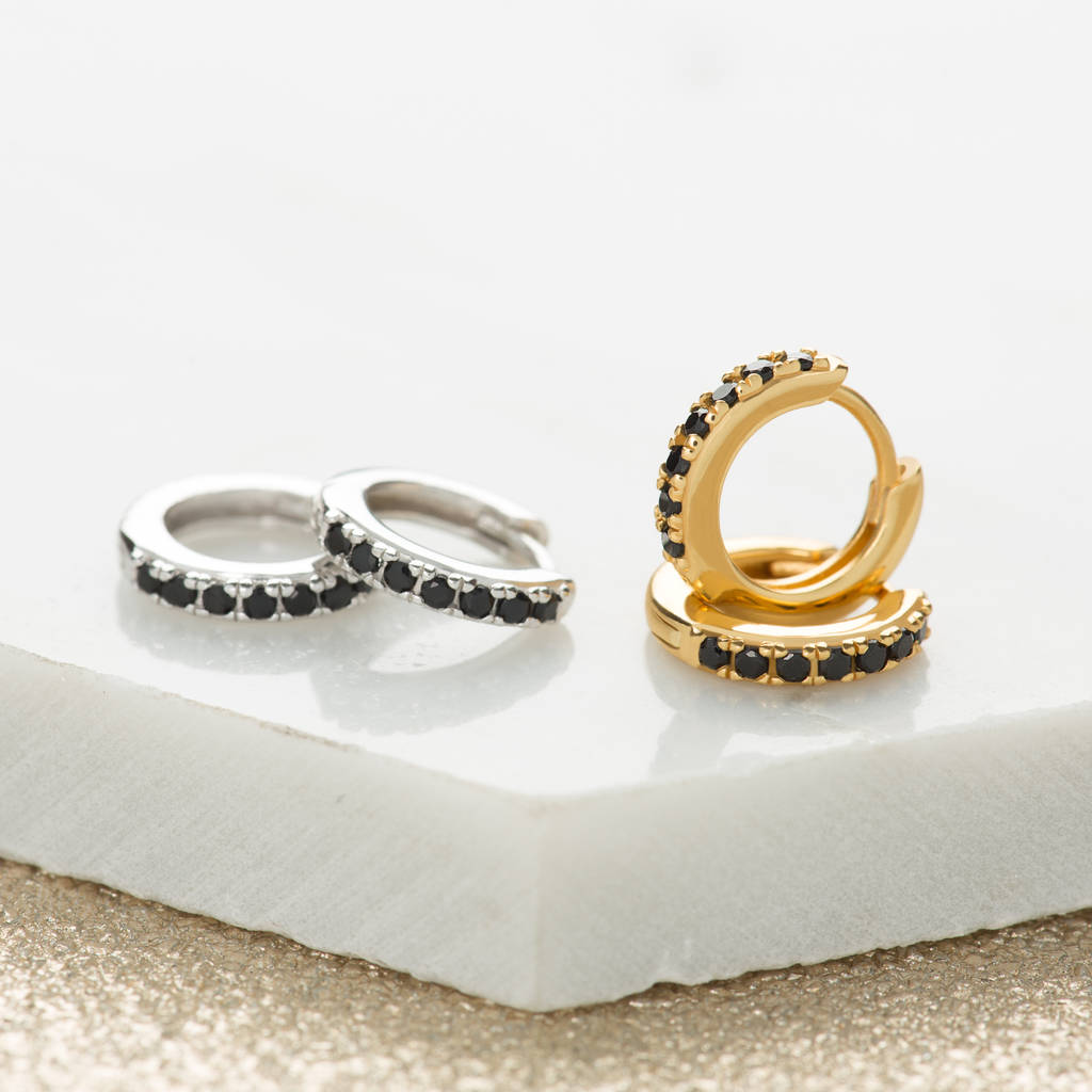 Huggie Hoop Earrings With Black Stones Huggie Hoop Earrings With Black Stones