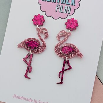 Handmade Pink Flamingo Glitter Resin Earrings, 3 of 4