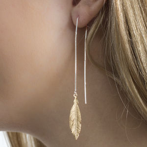 Threader Earrings Notonthehighstreet Gold And Sterling Silver Pull Through Feather Earrings Threader