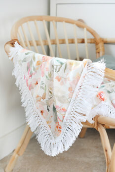 Rose Floral Organic Bamboo Muslin Tassel Baby Blanket, 3 of 3