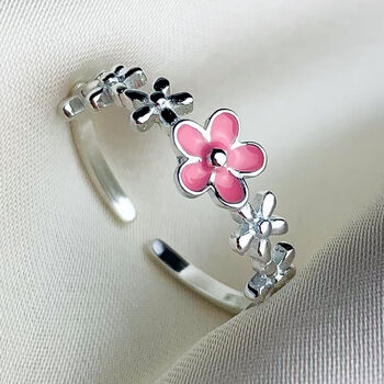 Sterling Silver Pink Flower Adjustable Ring, 4 of 6