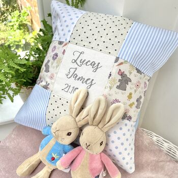 Personalised Blue And Grey Bunny Name Cushion, 2 of 10