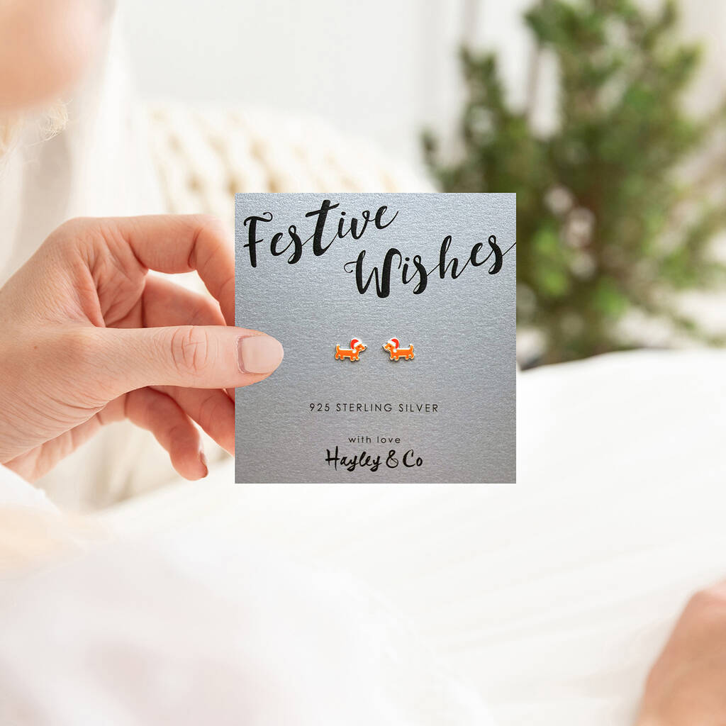 Christmas Sausage Dog Sterling Silver Earrings, 1 of 5