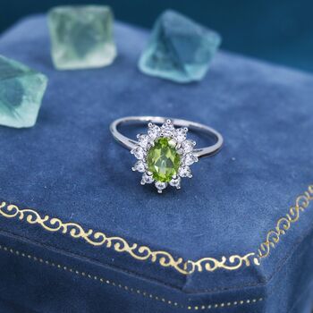 Genuine Peridot And Cz Halo Ring Sterling Silver, 5 of 12