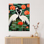 Carefree Cranes Green Orange Heron Bird Wall Art Print, thumbnail 1 of 6