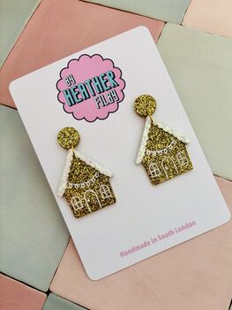 Gingerbread House Glitter Christmas Earrings / Festive Jewellery / Novelty Dangles / Christmas Gift / Sparkly Holiday Accessories, 6 of 6