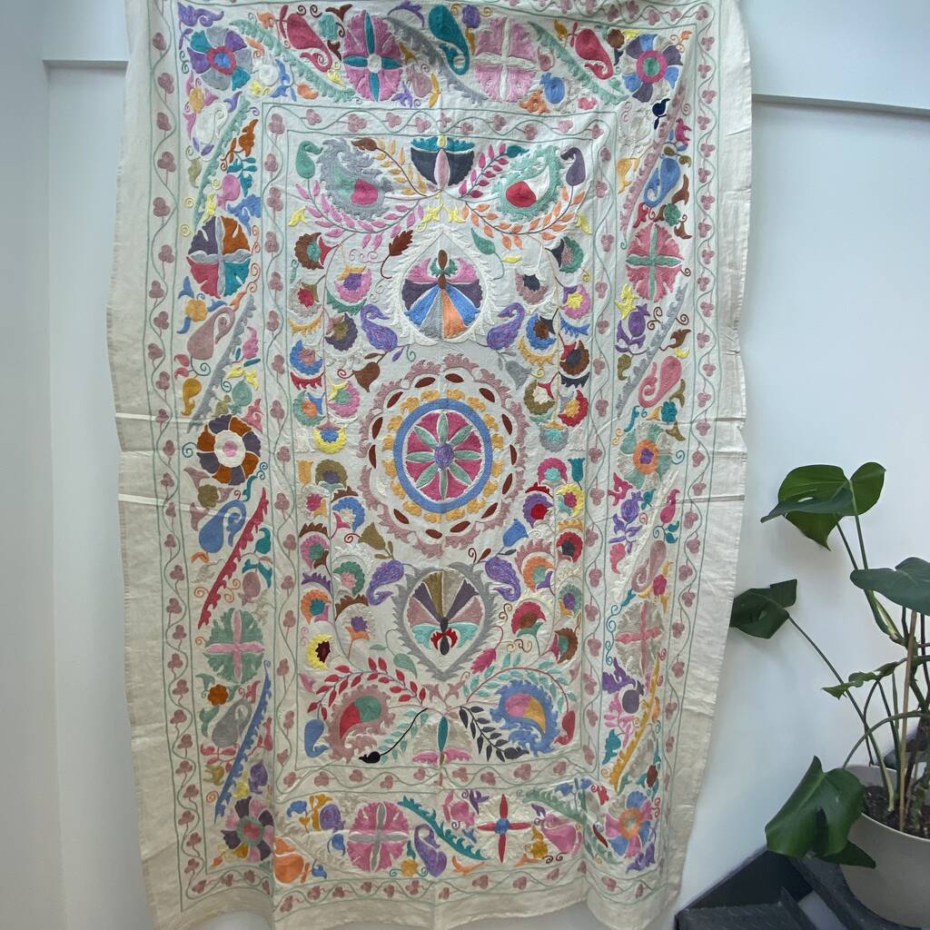 Authentic Colourful Suzani Hand Embroidered Bedspread, 1 of 2