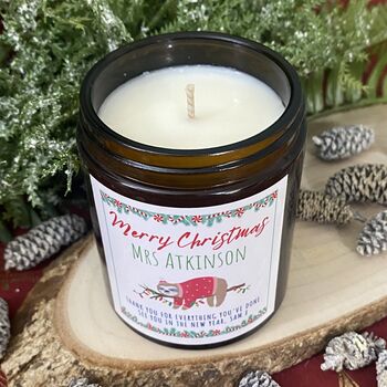 Personalised Teacher Christmas Gift Sloth Candle, 2 of 3