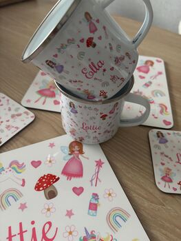 Kids Personalised Fairy And Unicorn Placemat, Coaster And Mug Dinner Set, 8 of 10