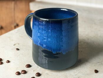 Set Of Four Reactive Glaze Brûlée Mugs In Black And Blue, 5 of 7