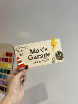 Personalised Wooden Car Garage Playroom Sign Montessori Pretend Play Accessory, 5 of 7