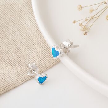 Sterling Silver Blue Opal Heart Stud Earrings – October Birthstone Jewellery, 4 of 4