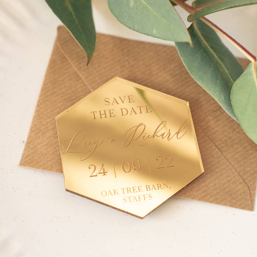 Gold Mirror Save The Dates Hexagon By Here's To Us | notonthehighstreet.com