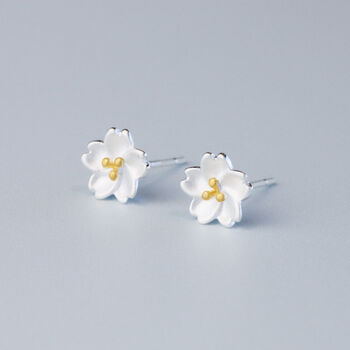 Sterling Silver Sakura Flower Stud Earrings, 3 of 6