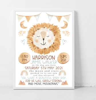 Personalised Keepsake Birth Print Lion Move Mountains, 3 of 6