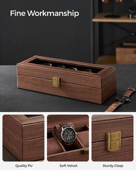 Six Slots Brown Watch Box Case With Glass Lid, 3 of 7