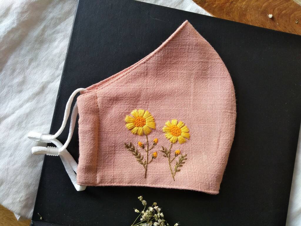 Dusty Pink Linen Face Mask With Hand Embroidered Flower, 1 of 4